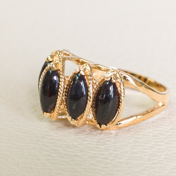 14K Gold 5-Stone Black Coral Ring – Marquise Cabochons, Size 5¼ - Picture 7 of 16